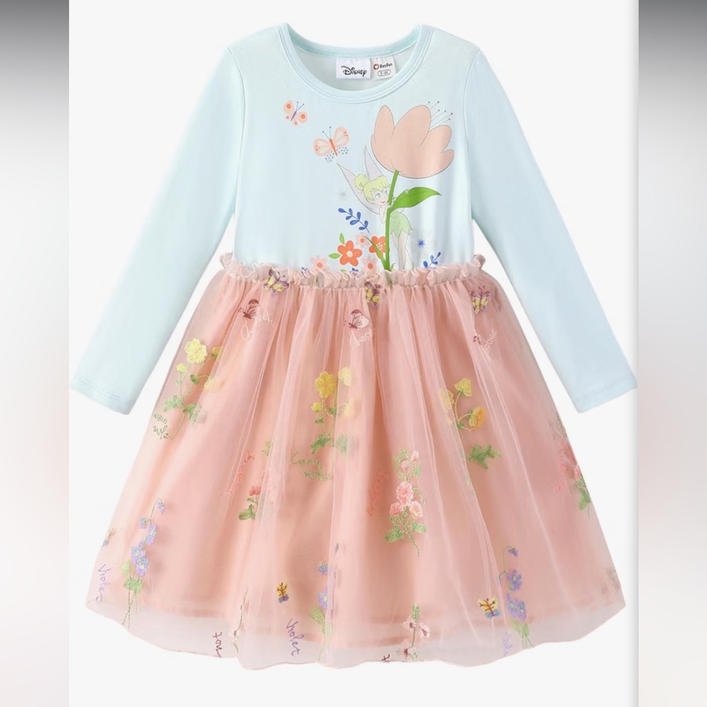 NWT Disney Girls Tinkerbell-green  Tulle Floral Dress with Light Blue Top
